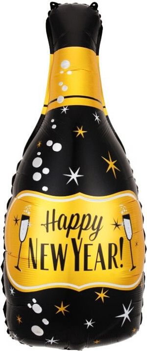 Шар (38''/97 см) Фигура, Бутылка Шампанское, С Новым Годом! (бокалы), Черный, 1 шт.