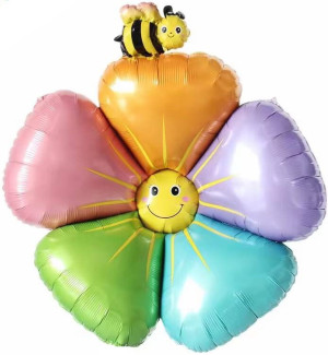 Шар (39''/99 см) Цветок, Ромашка с пчелкой (надув воздухом), Разноцветный, 1 шт.
