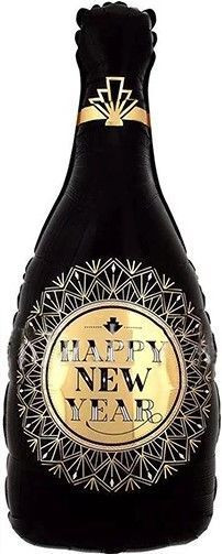 Шар (41''/104 см) Фигура, Бутылка Шампанское, С Новым Годом (золотые грани), Черный, 1 шт.